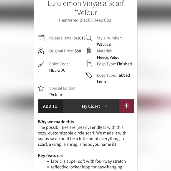 LULULEMON Fleece/Velour Vinyasa Scarf - Black/Gray/Magenta - Picture 3 of 9